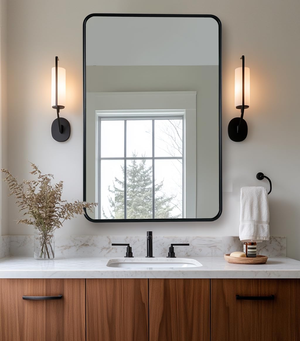 ANDY STAR Black Rectangle Mirror, 24x36 Inch Stainless Steel Metal Frame Bathroom Mirror for Over Sink, Modern Rounded Corner Black Vanity Wall Mirror, Hangs Horizontally or Vertically