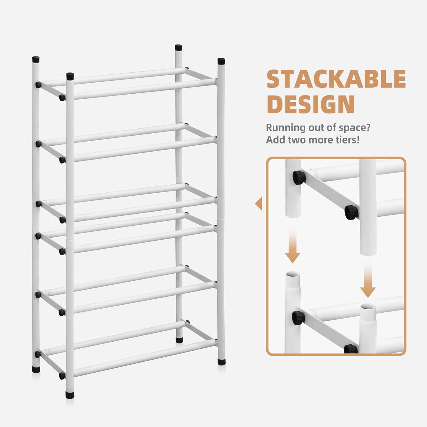 STORAGE MANIAC Expandable Shoe Rack, 12 Pairs Stackable Small Shoe Rack, Metal Adjustable Shoes Organizer for Closet, Entryway, Hallway, Garage, Front Door, Shoes Shelves, White 3 Tier