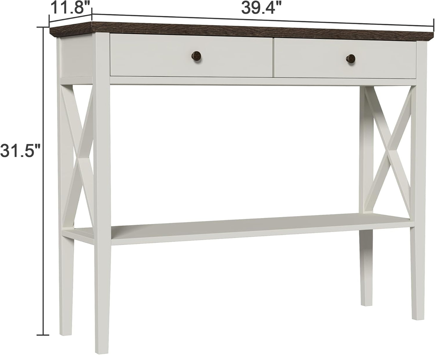 ChooChoo Farmhouse Console Table with Drawers, Narrow Wood Accent Sofa Table Entryway Table with Storage Shelf for Entryway, Front Hall, Hallway, Living Room, Antique White & Brown
