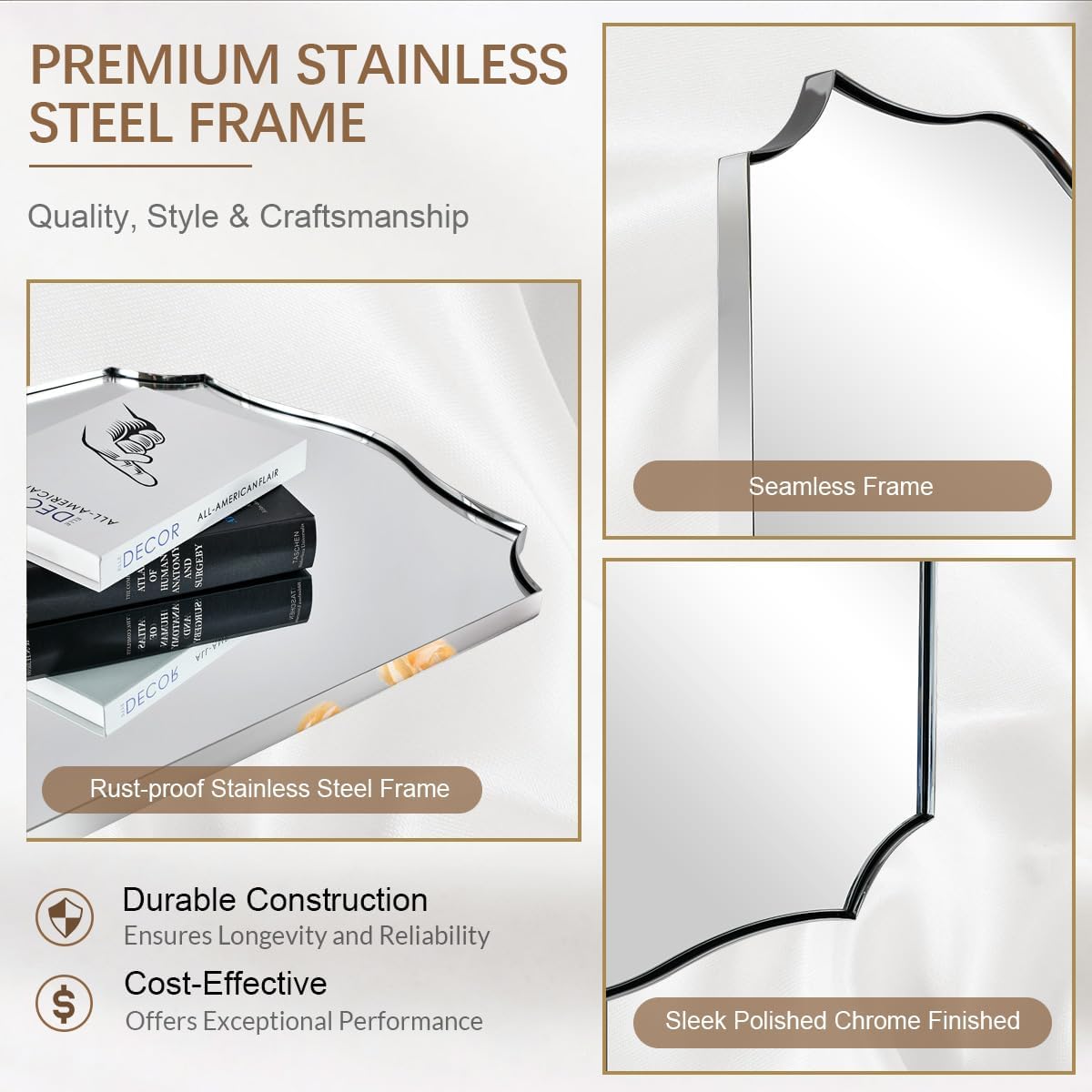 ANDY STAR Chrome Mirror 24x36, Polished Silver Bathroom Mirror, Modern Wavy Mirror with Sophisticated Curved Design, SUS304 Anti-Rust, 1’’ Deep Wall-Mounted Vertically/Horizontally