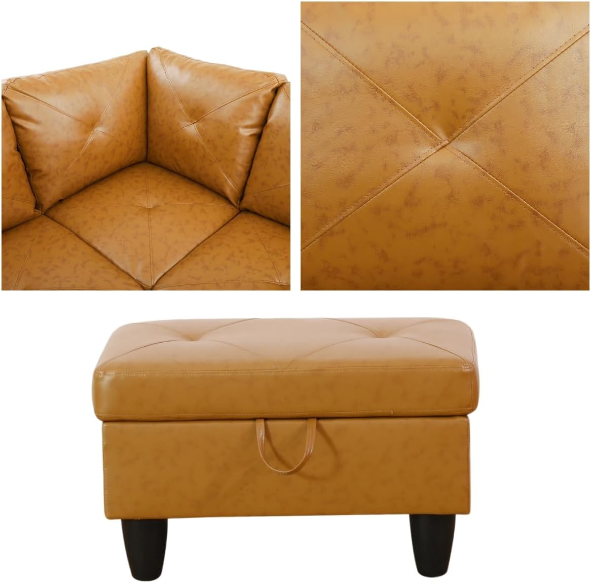 L Shaped Sectional Sofa with Ottoman, Leather Right Facing Modern Couches for Living Room, Bedroom, Office, Ginger Black