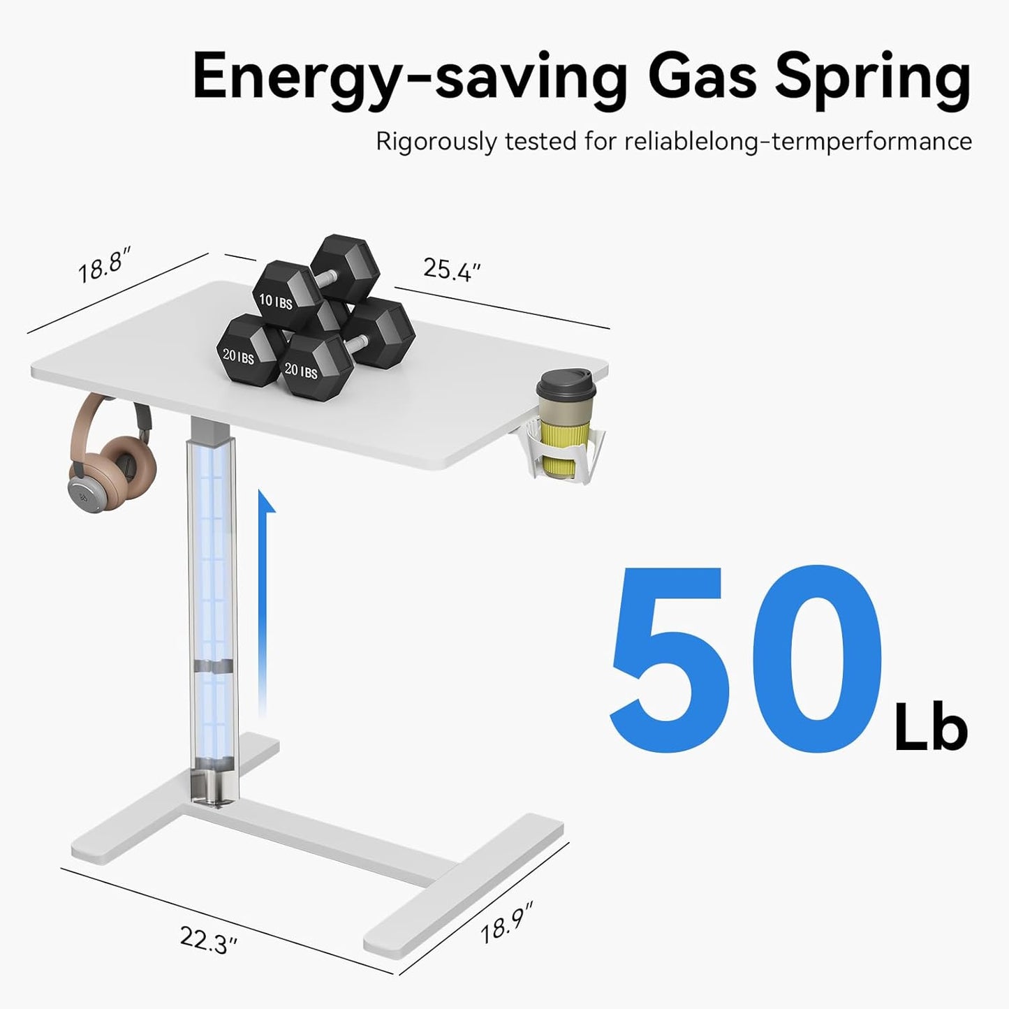 Gas Spring Adjustable Height Rolling Portable Laptop Desk, Mobile Standing Desk on Wheels, Small Sit Stand Desk with Laptop Stand/Cup Holder/Hook (White, 26"x19")