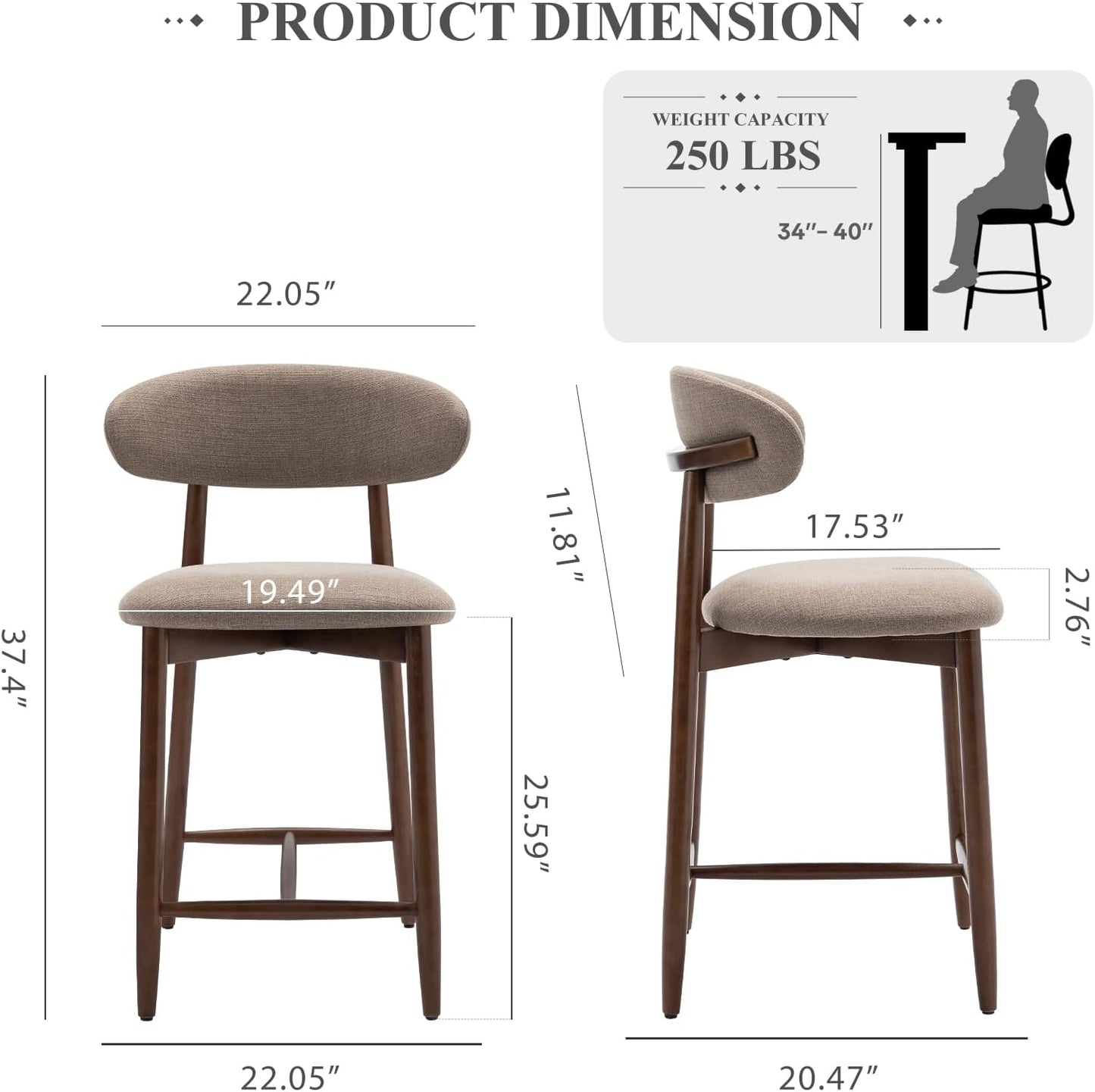 COLAMY Bar Stools Set of 2, Counter Height Barstools, Upholstered Counter Stools with Wood Legs for Kitchen Island Dining Room, Camel