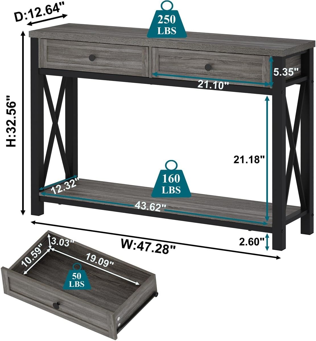 BON AUGURE Sofa Table with Drawers, Console Tables for Entryway, Sofa Table with Storage, Couch Tables for Living Room, Hallway, Foyer, Entry (Dark Grey Oak, 47 Inch)