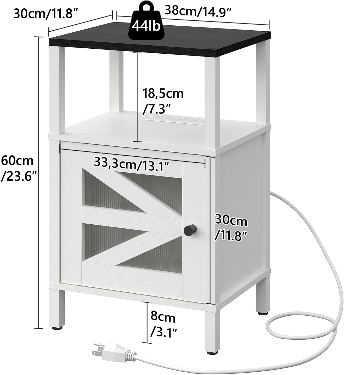 Farmhouse Nightstand with Charging Station, White Bedside Table with USB&Type-C Ports and Outlets, End Table with Storage, Side Table Night Stand for Bedroom, White and Black ETBW97E01