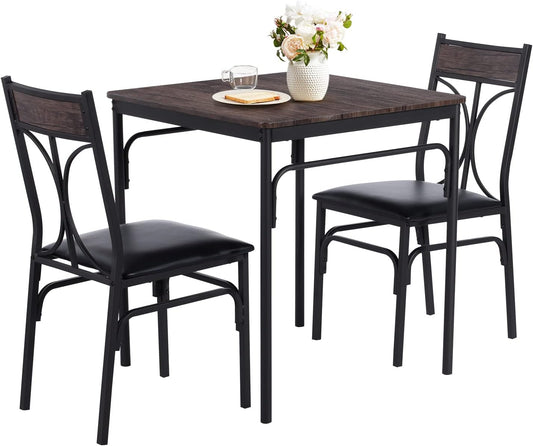 VECELO Kitchen Dining Room Table Set with 2 Chairs for Small Space, Apartment,Metal Steel Frame