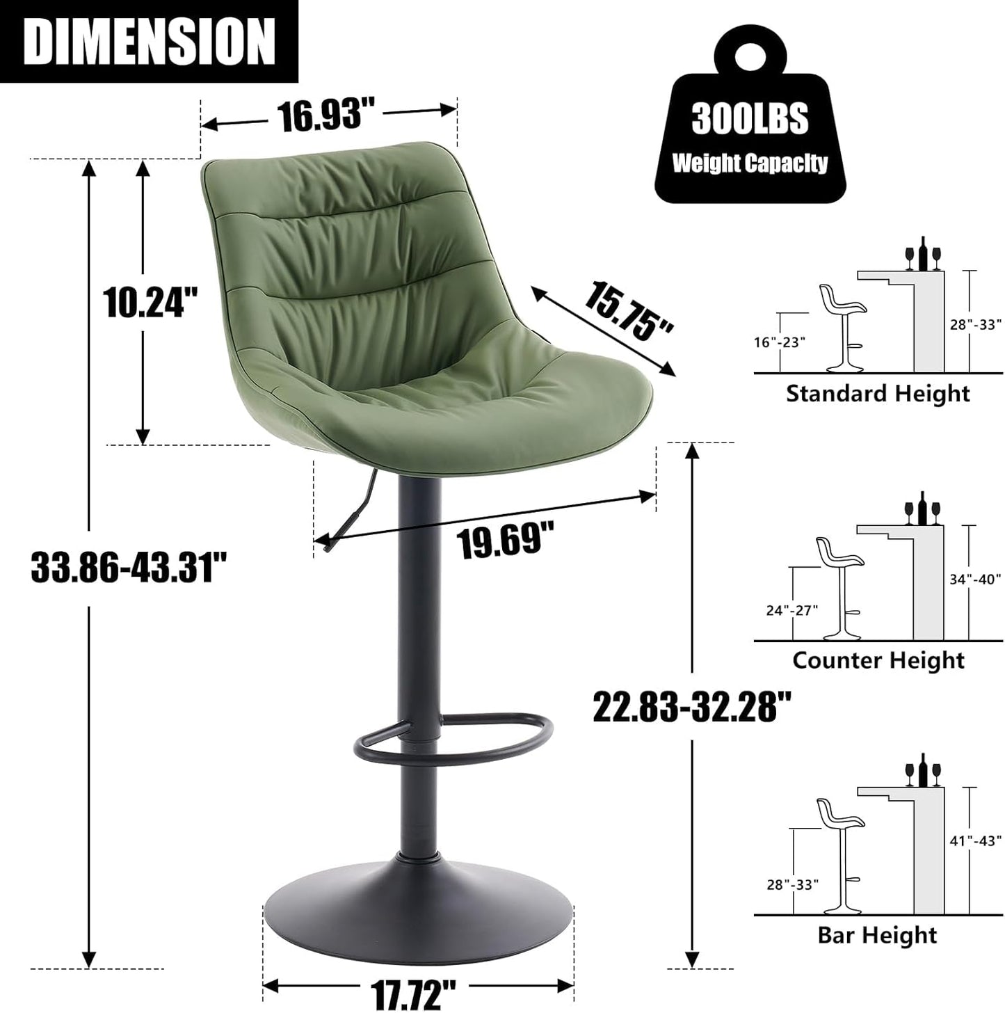 Kidol & Shellder Bar Stools Set of 2 Adjustable Swivel Green, PU Leather Upholstered with Back, Modern Counter Height Stools for Kitchen Island, Home Bar
