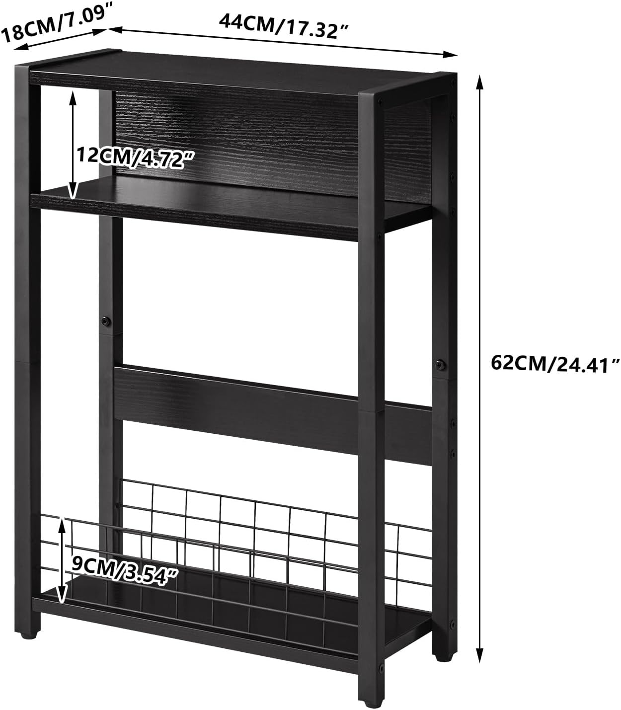 IBUYKE Narrow Side Table with Storage Shelf, 3 Tier End Table,Modern Sofa Table,Small Nightstand with Magazine Rack,Telephone Table for Small Spaces,for Living Room, Bedroom,Black UTMZ001B