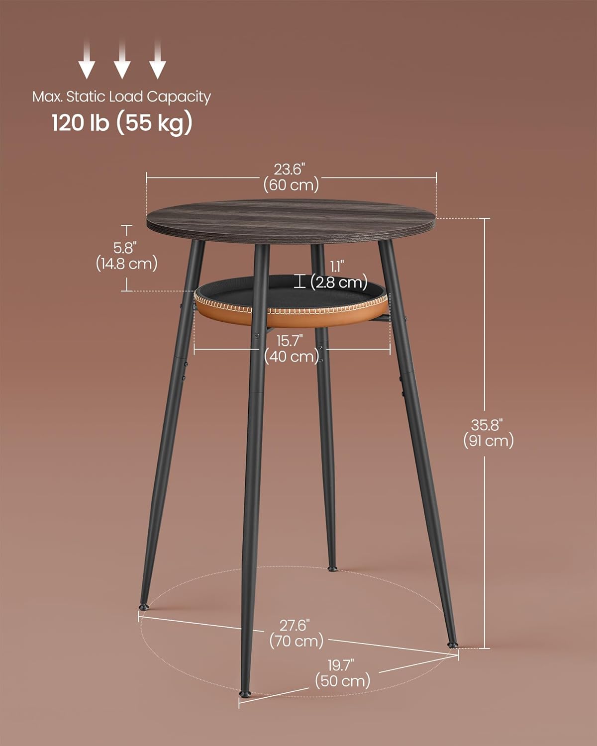 VASAGLE EKHO Collection - Bar Table with Storage, Round High Pub Table, Synthetic Leather with Stitching, Mid-Century Modern, Kitchen Home Bar, Living Room, Easy Assembly, Ash Brown and Caramel Brown