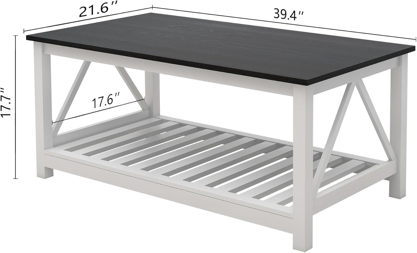 Farmhouse Coffee Table for Living Room, 2-Tier Rectangular Wooden Centre Cocktail Table with Slats Shelf Storage and V-Shaped Frame, Oak Blak
