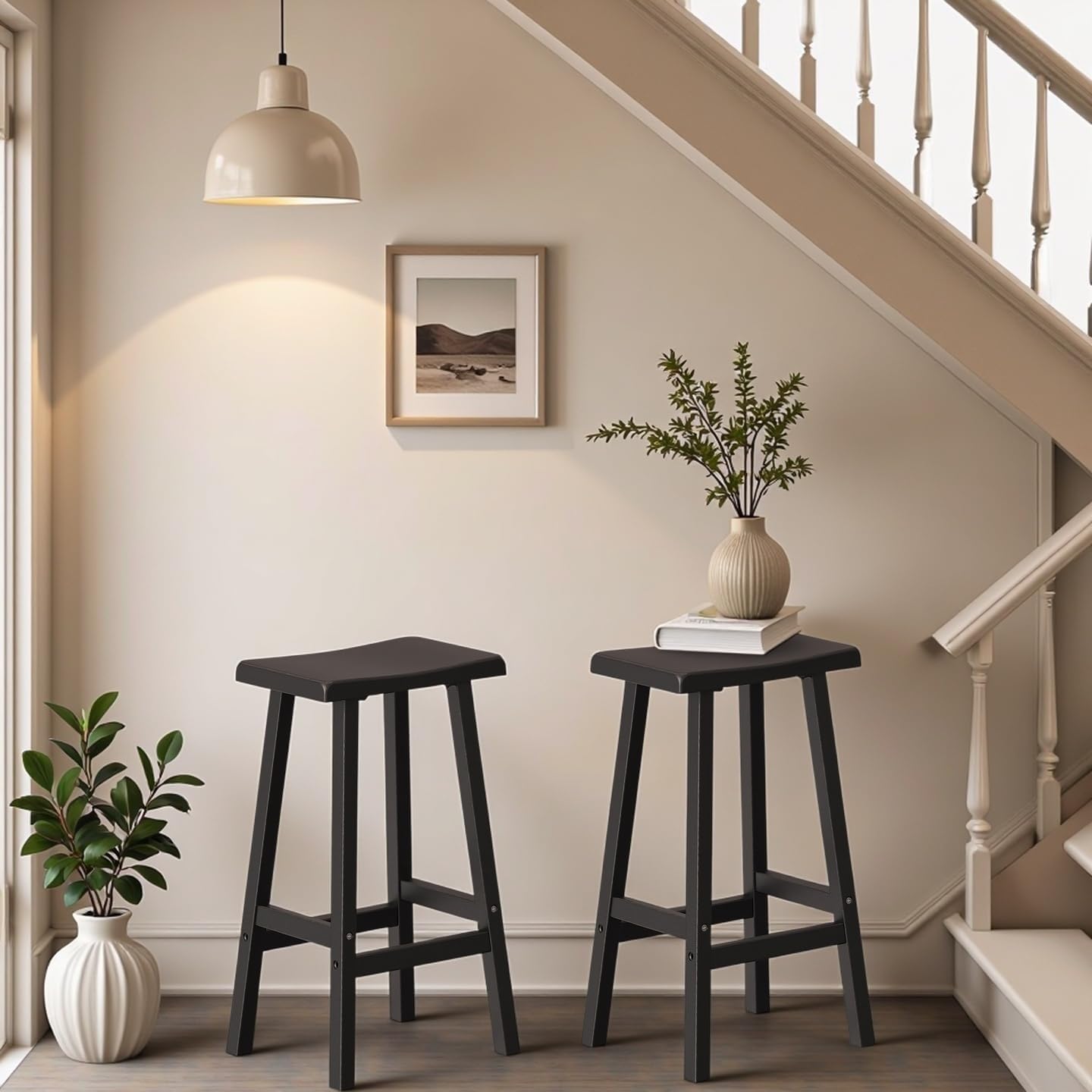 29" H Bar Stools Set of 2 - Classic Saddle Seat with Footrest, Resin Kitchen Counter Stool, Anti-Slip & Waterproof - Tall Barstools for Bar, Kitchen, Dining Room, Lounge - Black