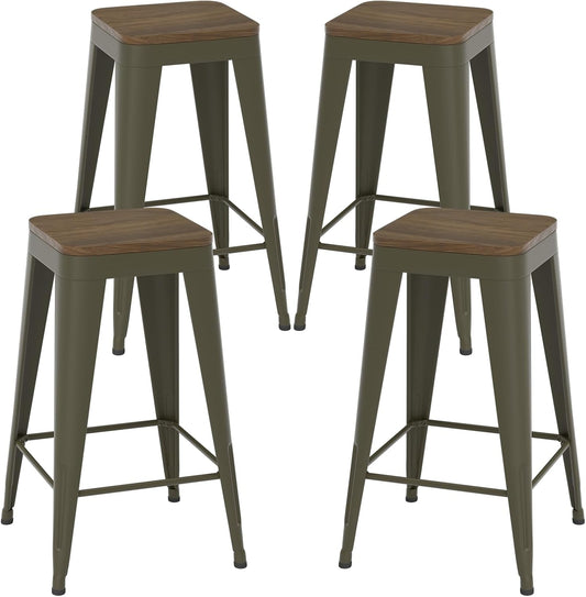 30 inch Backless Bar Stools Set of 4, Indoor Metal Bar Stools with Wood Seat, Industrial Counter Height Barstools for Kitchen Island, Rusty