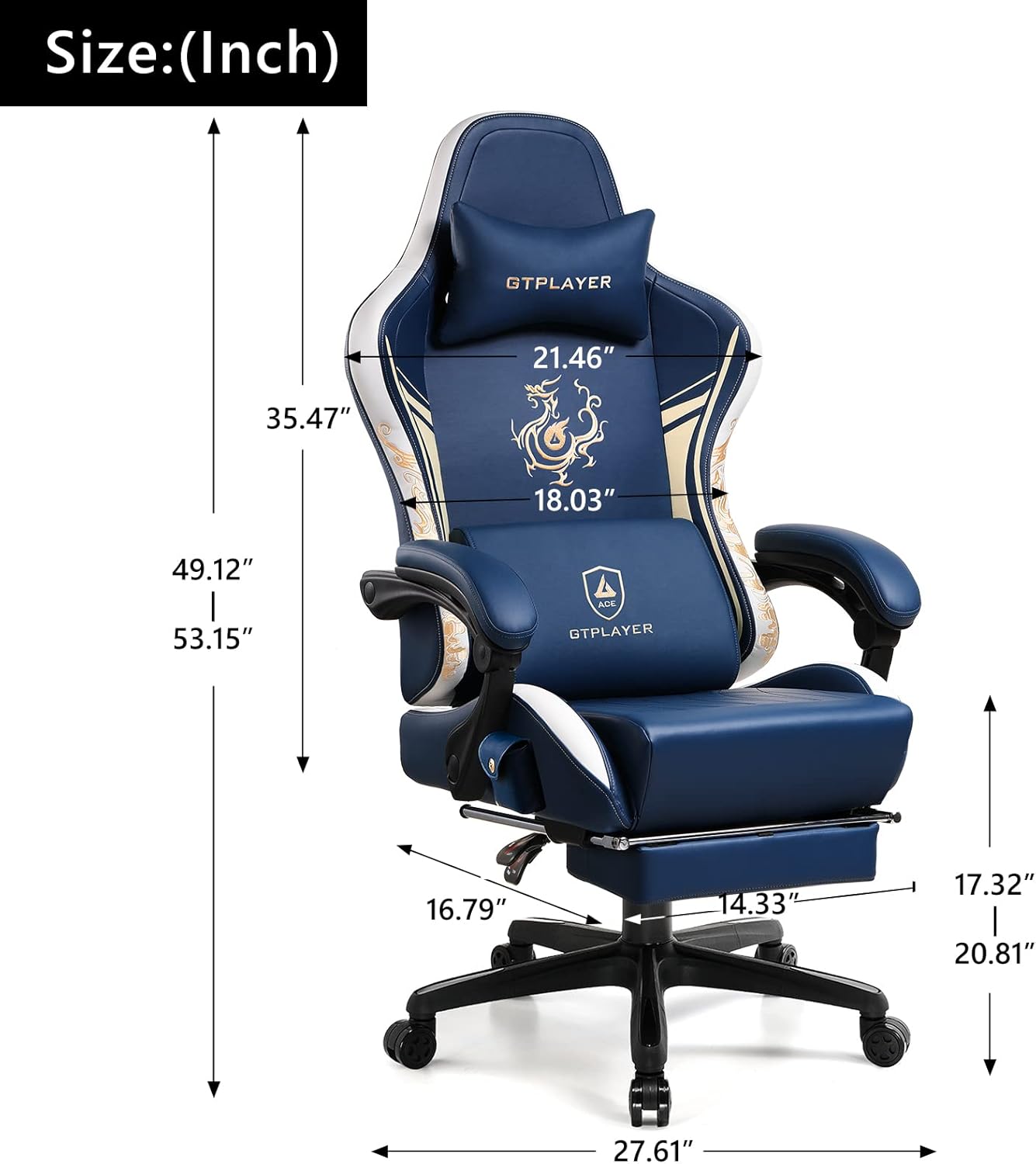 GTPLAYER Gaming Chair with Bluetooth Speakers and Footrest, Dragon Series Video Game Chair ，Heavy Duty, Ergonomic, Esports Computer Office Chair Blue (Royal Blue)