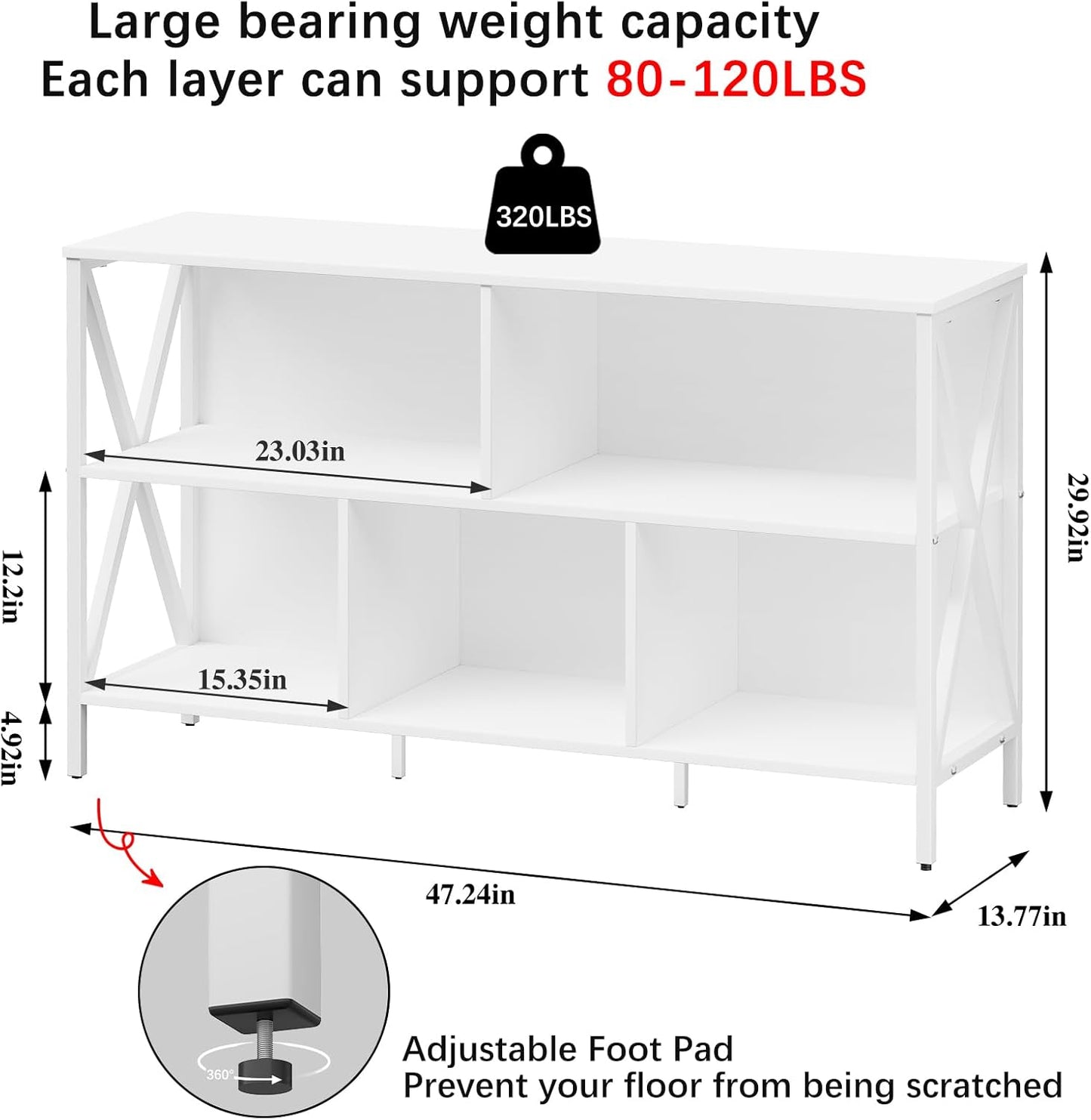Horizontal Bookshelf,Industrial Modern 5 Cube Low Wide Cubby Bookcase,Long Wood and Metal Storage Organizer Open Shelf, Short Book Shelf Bedroom Storage for Home Office Living Room(White,5 Cube)