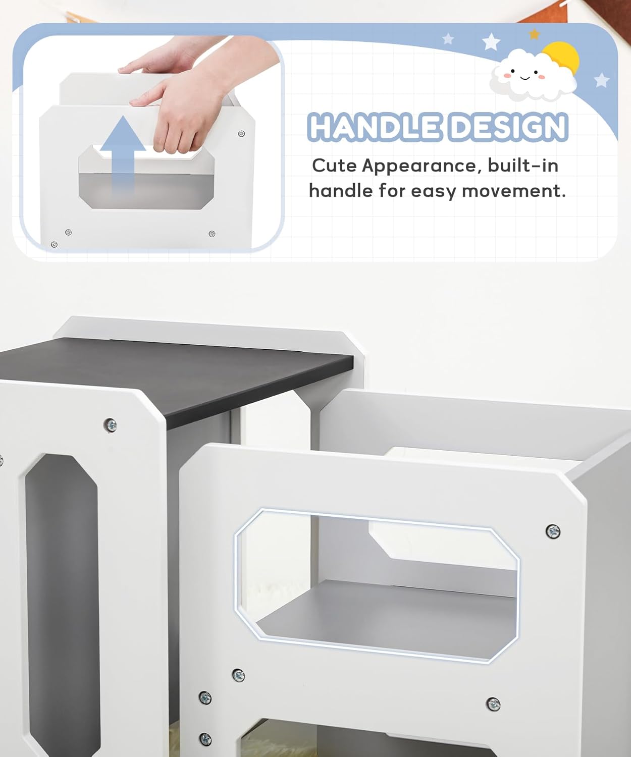 Kids Table and Chair Set, 3-in-1 Wooden Children's Furniture with Blackboard, Water Resistant, Easy to Clean,Toddler Weaning Table for Bedroom, Playroom, Living Room (Grey and Black)