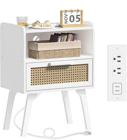 Lerliuo Rattan Nightstand with Charging Station, White Bedside Table with Drawer Open Shelf, Cane Accent Side End Table with Solid Wood Legs, Night Stand for Bedroom, Dorm and Small Spaces