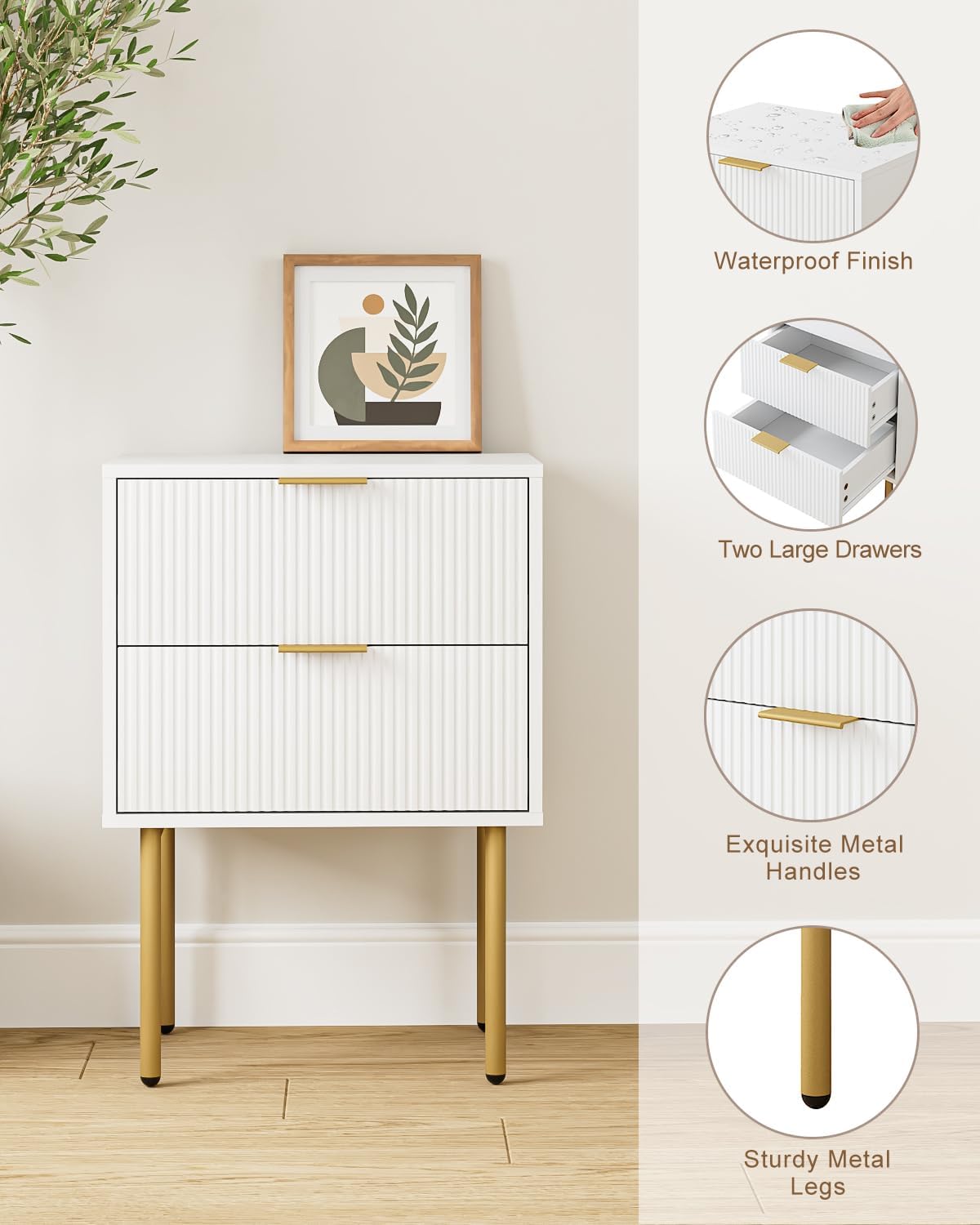 Nightstand,Morden Bedside Table with Gold Frame,Small White Night Stand,End Table,Bedside Furniture,Side Table with Drawer and Shelf for Bedroom,Living Room (2Drawers, White.)