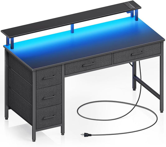 Seventable Computer Desk with Power Outlets & LED Light, 47 inch Home Office Desk with 5 Drawers, Writing Desk with Monitor Stand, Work Desk for Home Office, Black