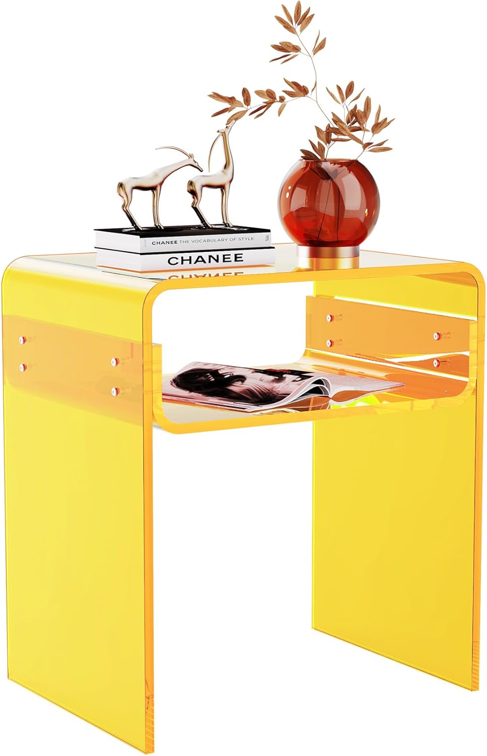 Clear Acrylic End Table 2-Tier Bedside nightstand for Living Room Bedroom Home Decor (Yellow)