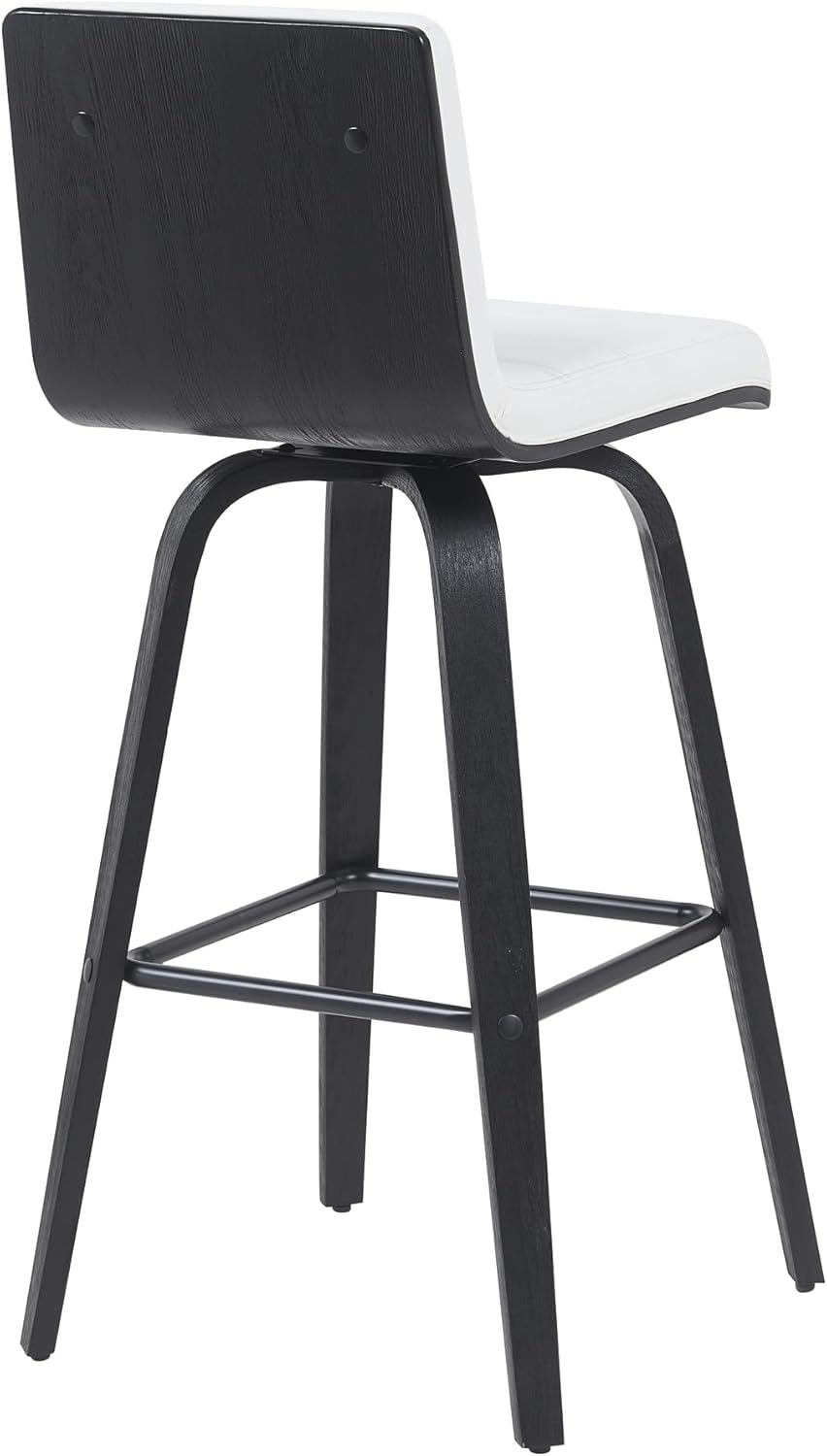 Armen Living Vienna Modern Swivel 30" Bar Height Barstool with White Faux Leather and Black Wood Finish