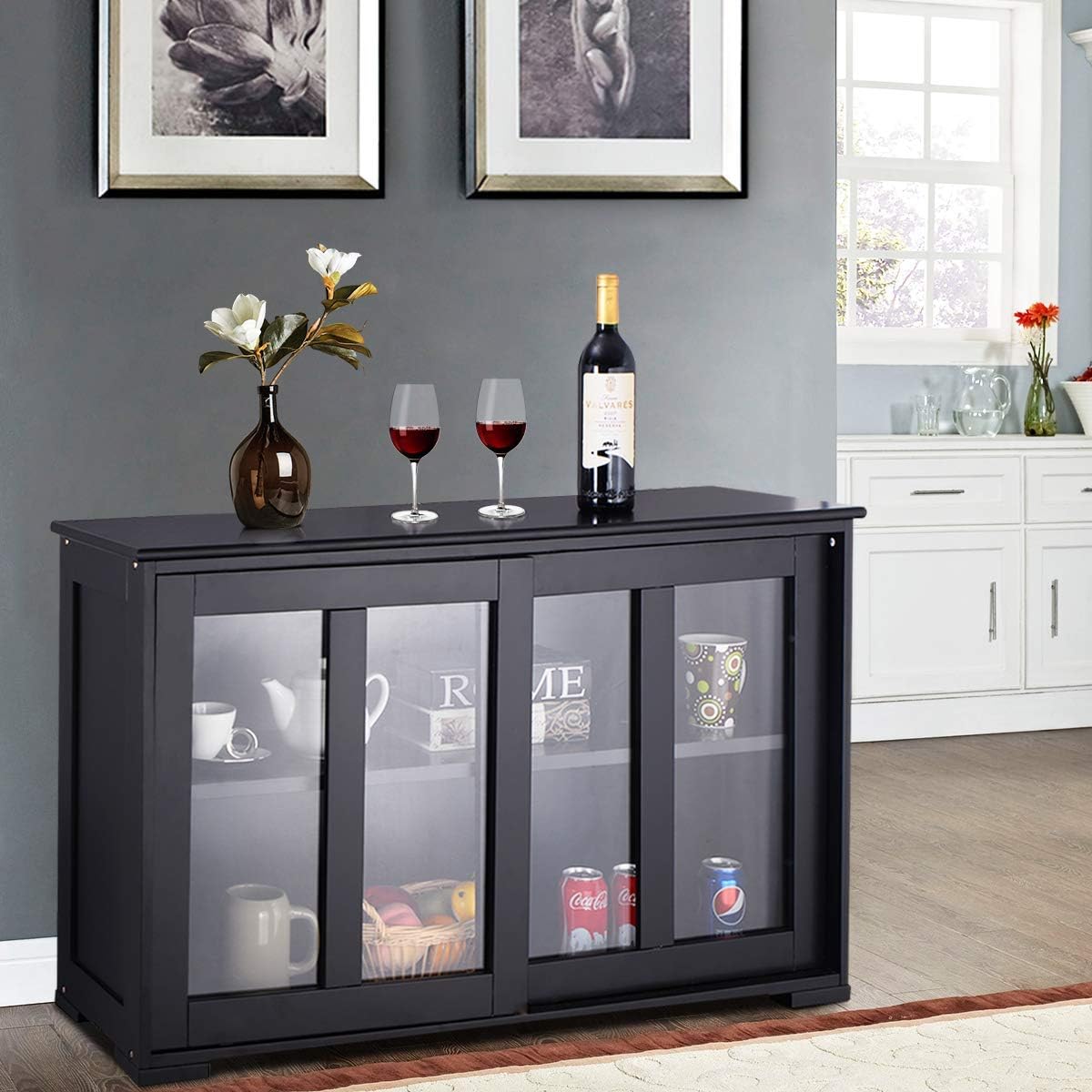 Costzon Kitchen Storage Sideboard, Antique Stackable Cabinet for Home Cupboard Buffet Dining Room (Black Sideboard with Sliding Door Window)