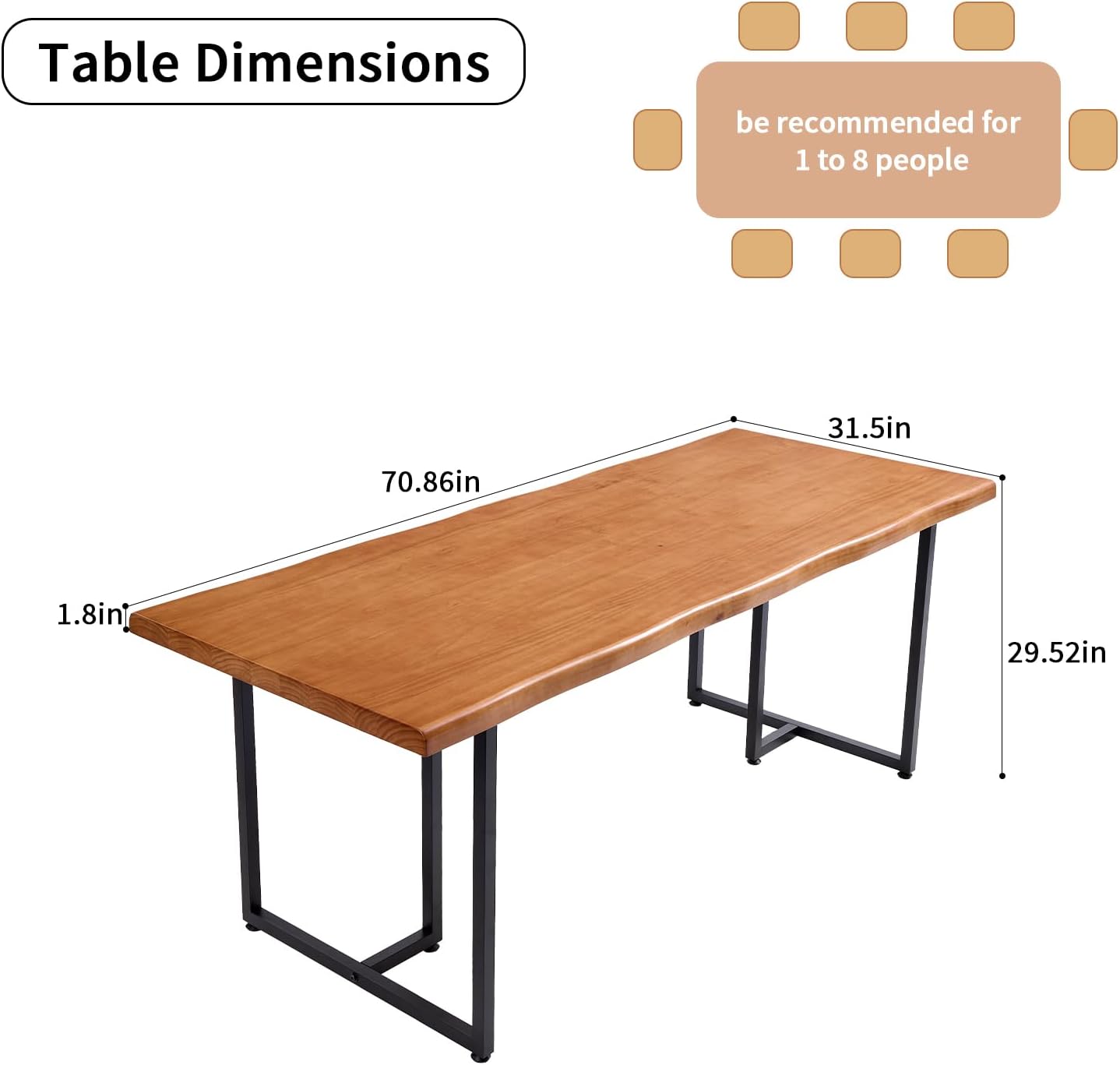 Solid Wood Administrative Desk, Dining Table with Durable Metal Legs, Uniquely Designed Leisure Table, Perfect for Restaurants and Home Offices, (Wood Brown, 70.87in)