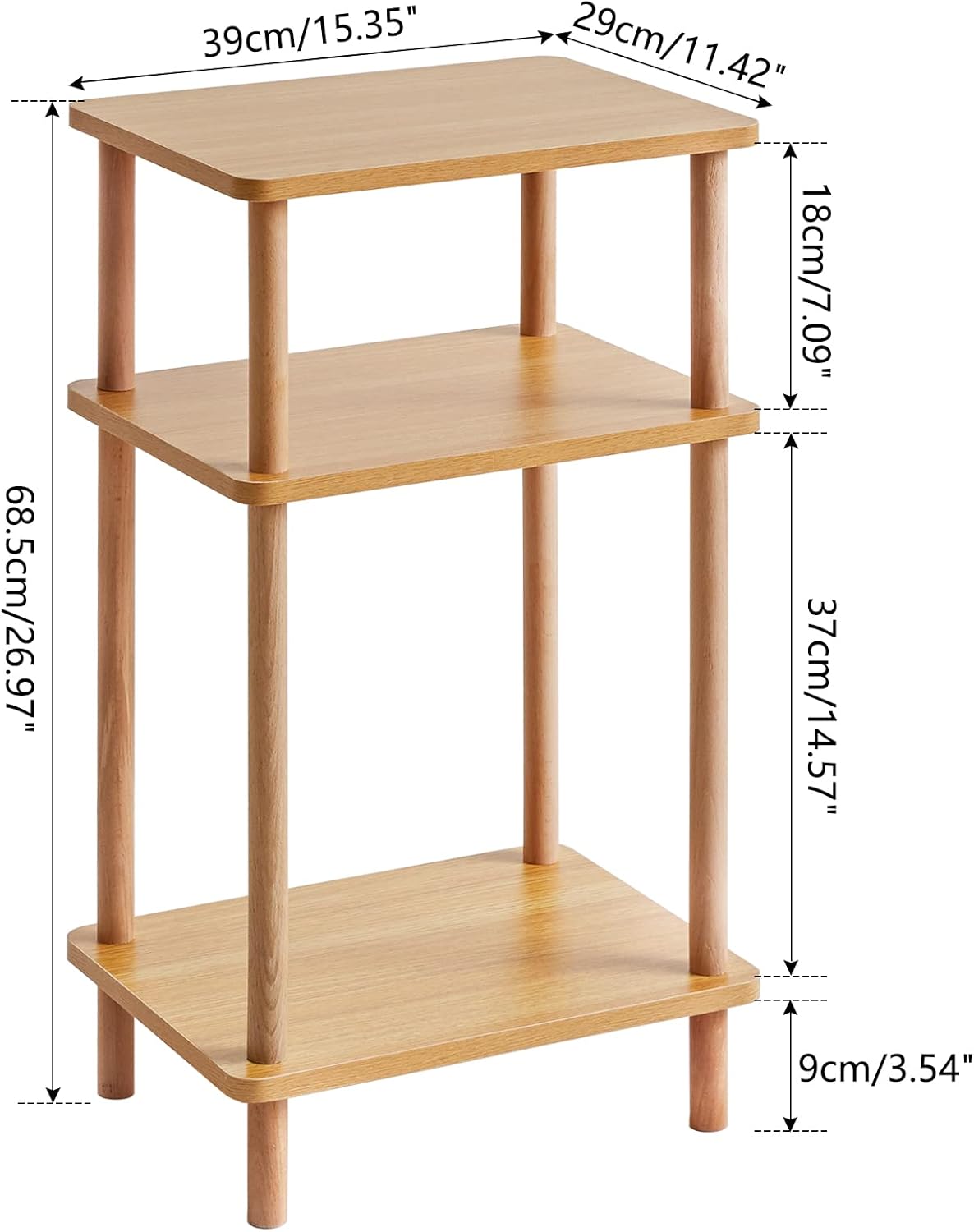 IBUYKE 3-Tier Side Table, Solid Wood Tall End Table with Storage Shelves, Nightstand Bedside Table for Living Room Bedroom Office, No-Tool Assembly, Natural UWST003N