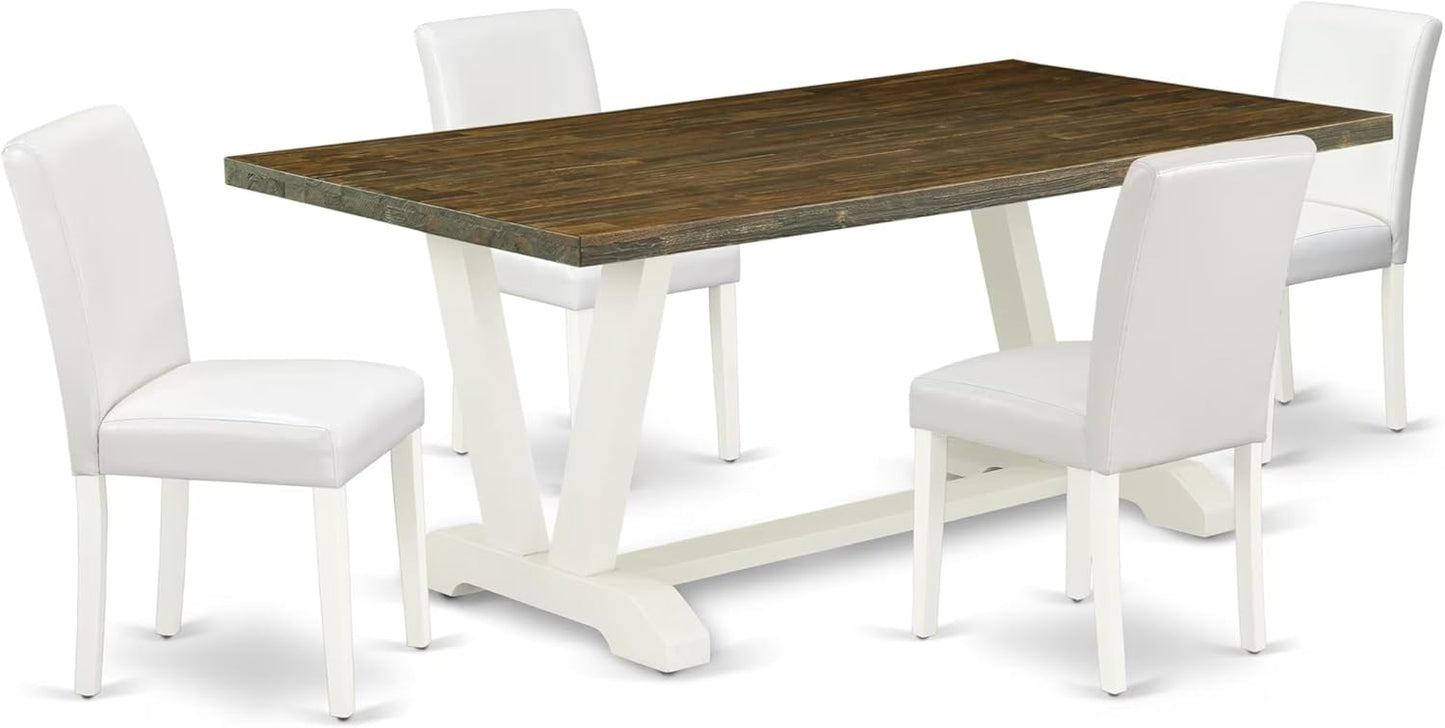 East West Furniture V077AB264-5 5 Piece Dinette Set for 4 Includes a Rectangle Dining Table with V-Legs and 4 White Faux Leather Parson Dining Room Chairs, 40x72 Inch, Multi-Color