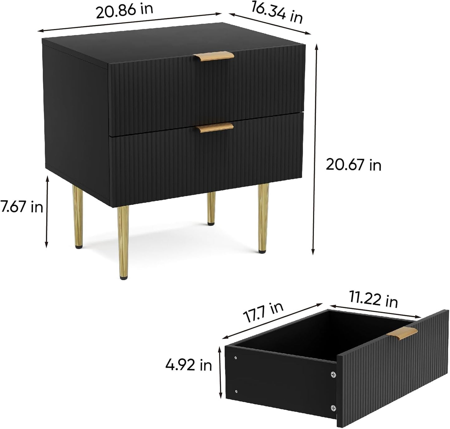 Black Nightstand for Bedroom, Fluted Night Stand, End Table for Living Room, Mid Century Modern Bedside Table with Drawers, Bed Side Table with Gold Metal Legs, Bedroom Furniture Stripe