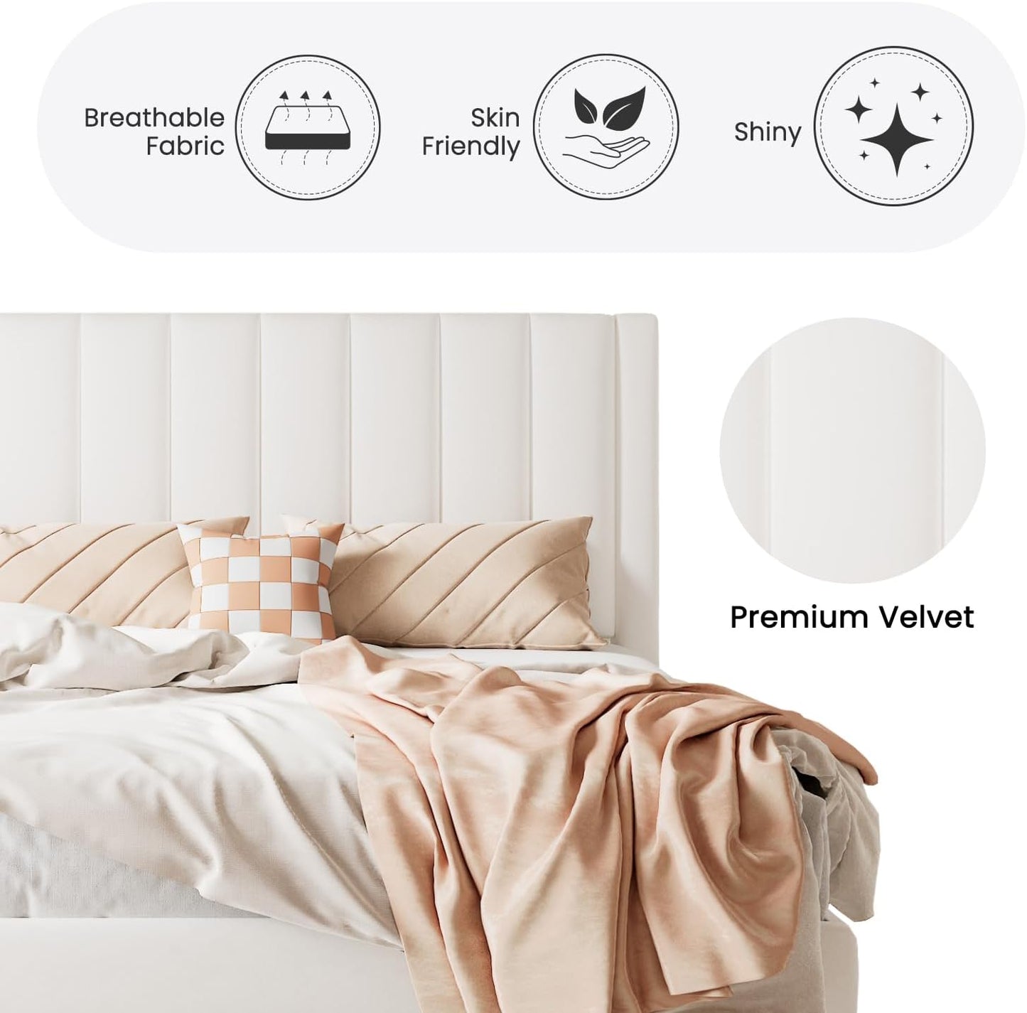 SHA CERLIN Twin Bed Frame/Velvet Upholstered Platform Bed Frame with Headboard/Strong Wood Slats Support/Mattress Foundation/No Box Spring Needed/Easy Assembly/White