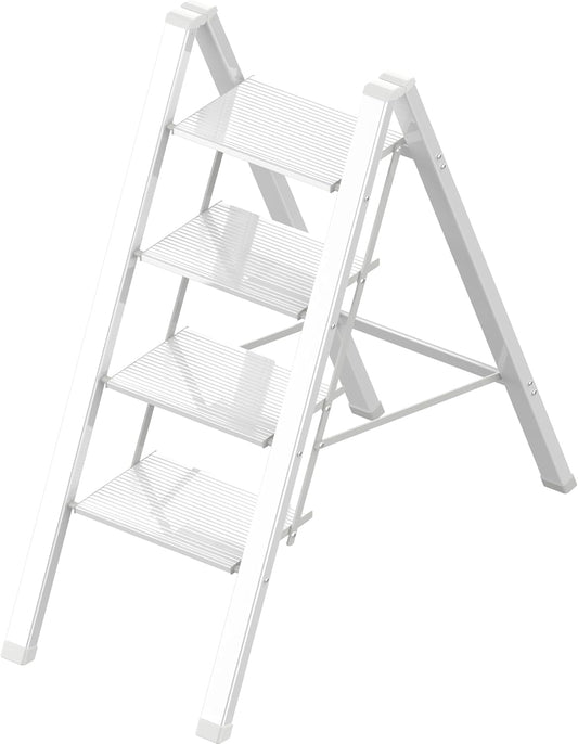 4 Step Ladder, Portable Folding, Lightweight Step Ladder with Anti-Slip Pedal, Aluminum Indoor Ladder and Closet, Kitchen, 330lbs - White
