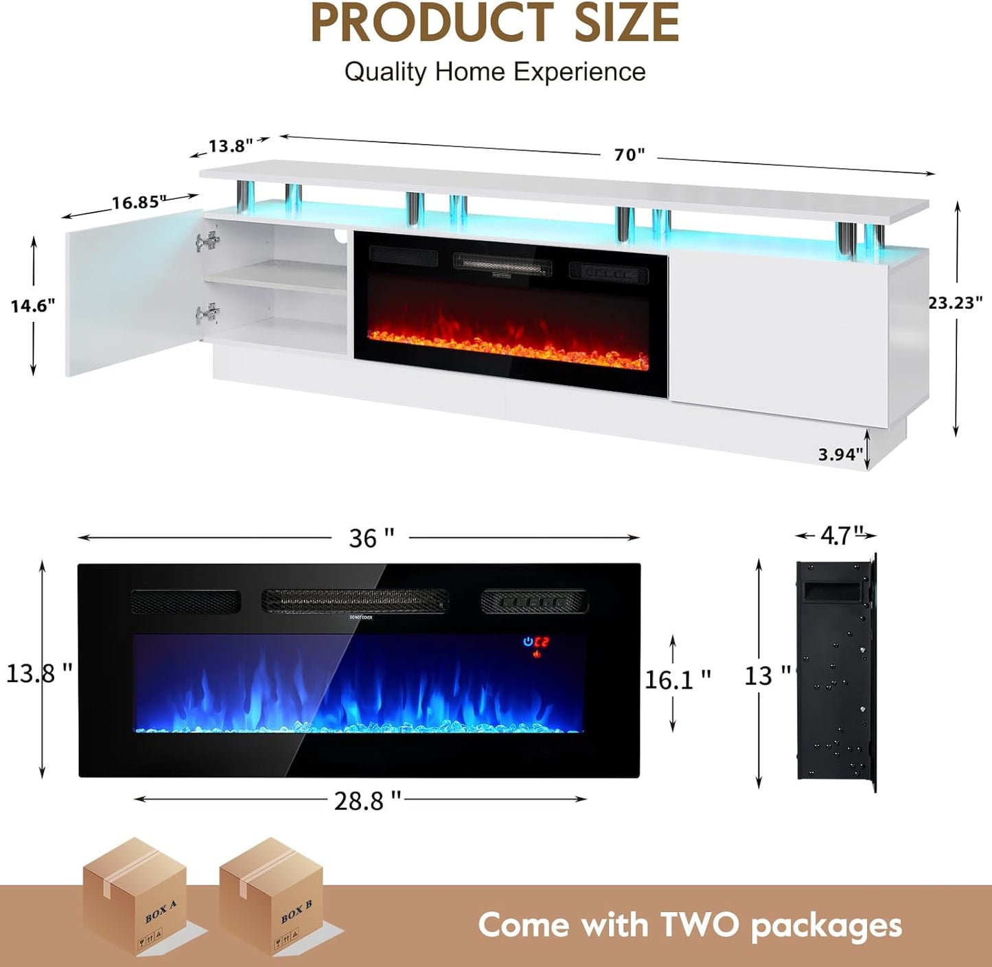 70" TV Stand & Entertainment Center, Media Console with Storage Shelves, Fits TVs up to 80", Modern Living Room Furniture, 36" Electric Fireplace (White+Black)