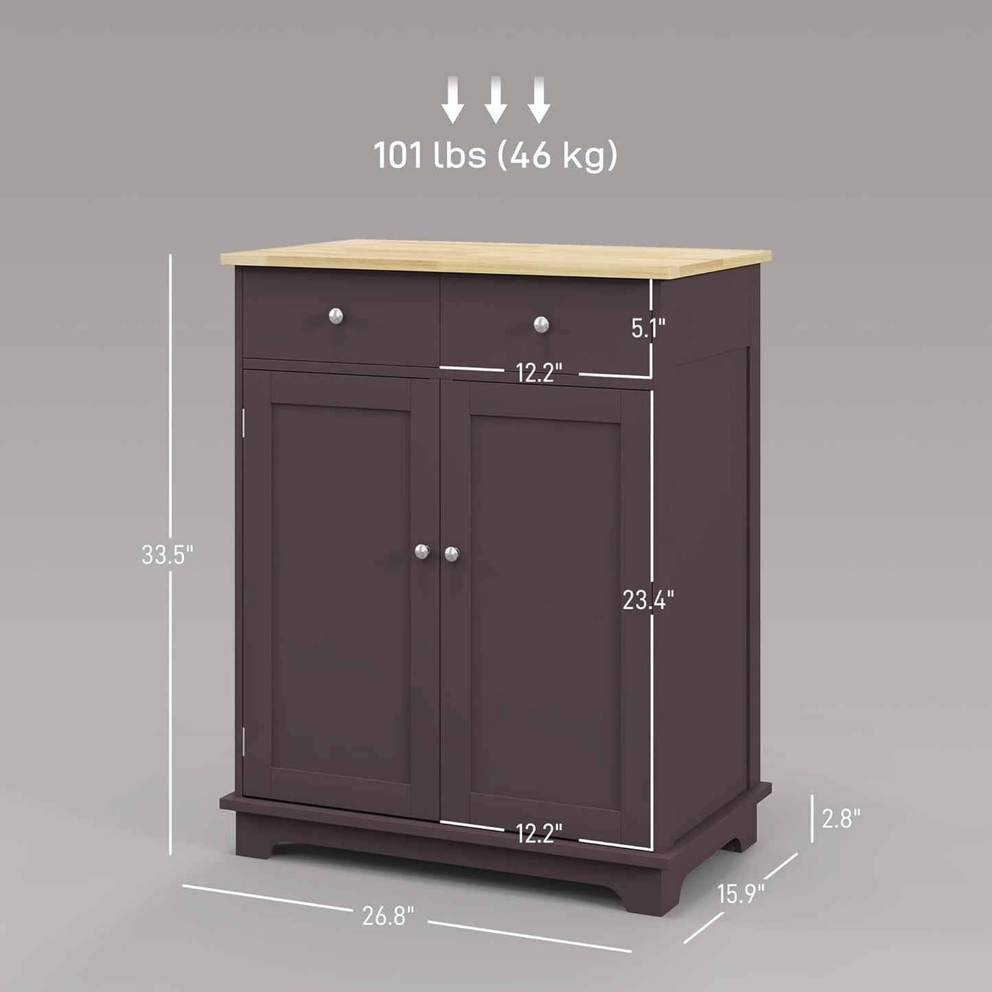 HOMCOM Sideboard with Solid Wood Countertop, Modern Kitchen Storage Cabinet, Coffee Bar Cabinet with 2 Drawers, Doors and Adjustable Shelf, Coffee