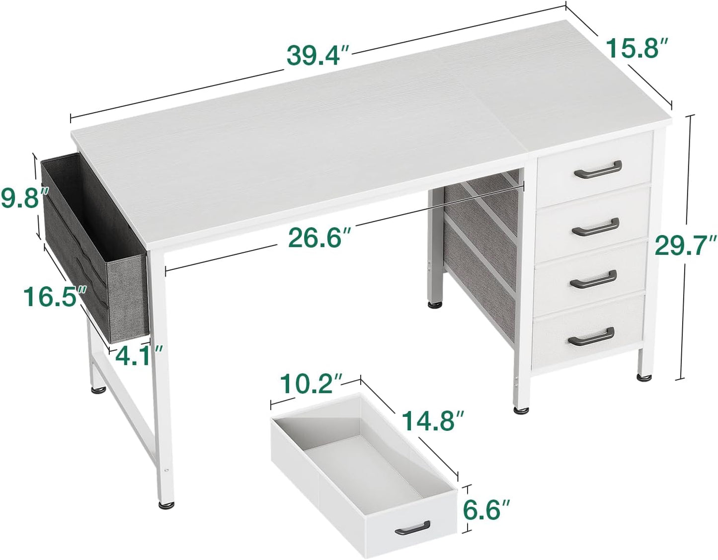 Casaottima 40-Inch Small Computer Desk with 4 Fabric Drawers — Home Office Desks with Storage, Writing Desk with Side Hook and Cloth Bag, Modern Study/Work Table for Bedroom and Small Space, White