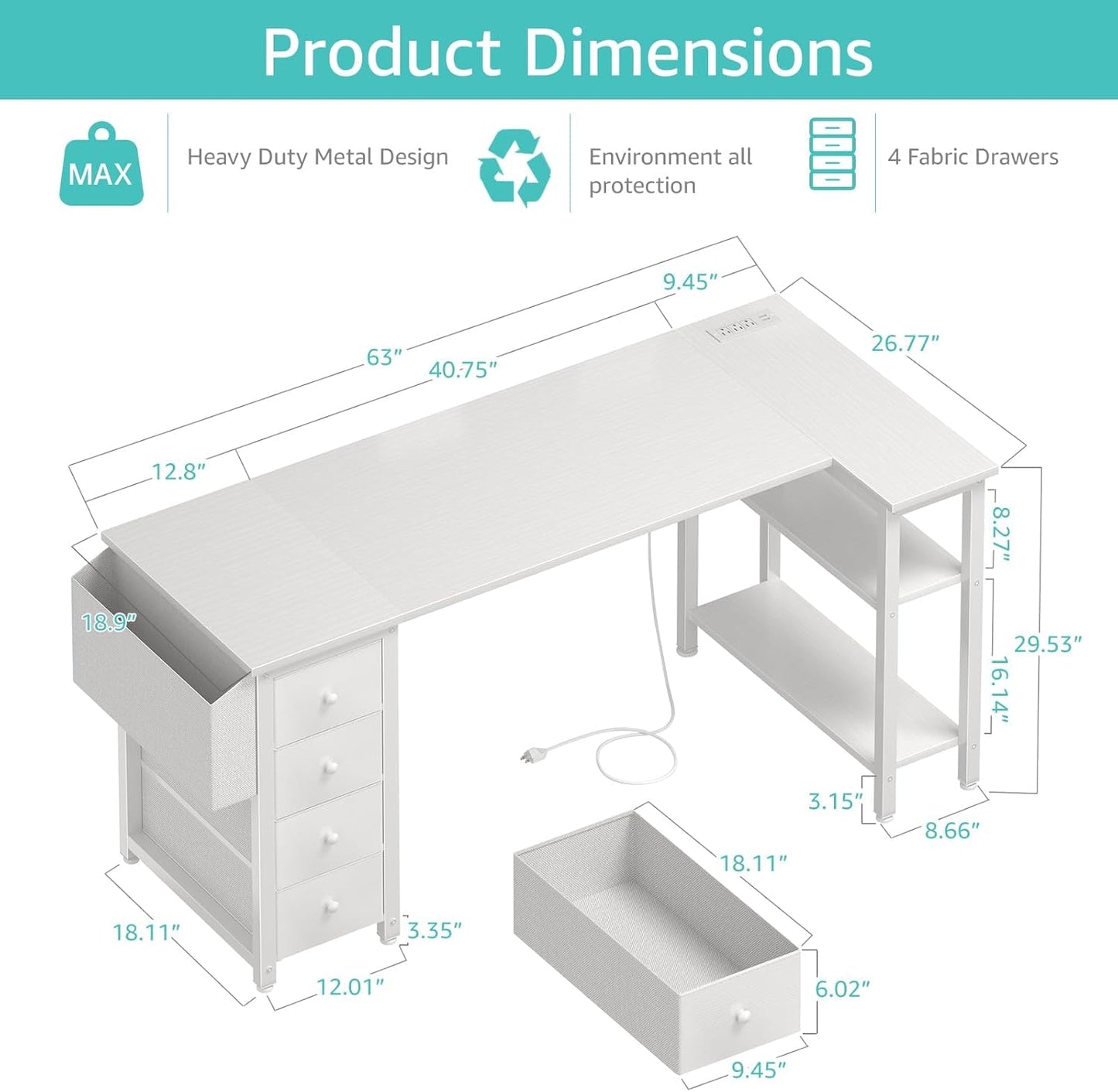 Lufeiya White L Shaped Computer Desk with Drawers & Storage Shelves, 63 Inch Reversible Corner Desk with Power Outlet for Home Office Bedroom, L-Shaped Teen PC Desks with Fabric Drawer, White