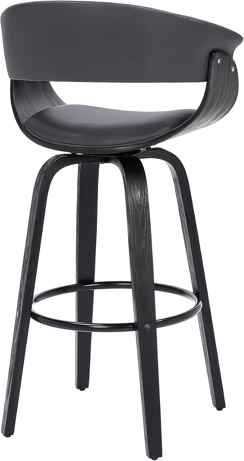 Armen Living Julyssa Mid Century Modern Swivel Bar Stool for Kitchen Island Counter in Gray Faux Leather and Black Wood, 26" Seat Height