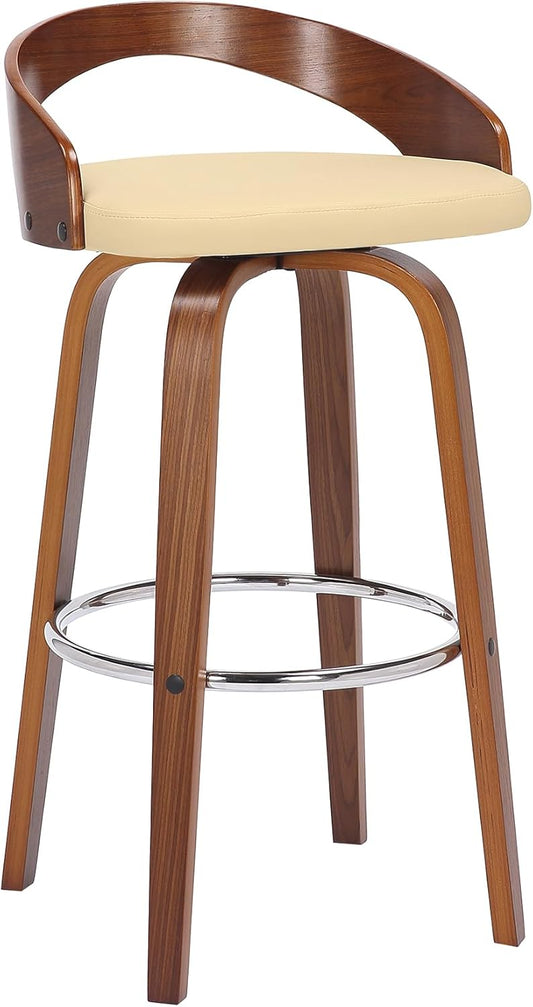 Armen Living Sonia 30" Bar Height Swivel Cream Faux Leather and Walnut Wood Bar Stool - Set of 3