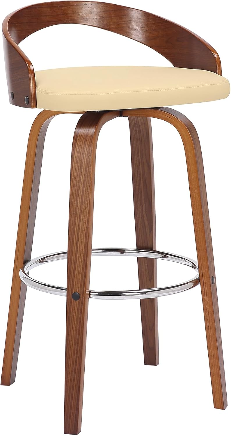 Armen Living Sonia 30" Bar Height Swivel Cream Faux Leather and Walnut Wood Bar Stool - Set of 4