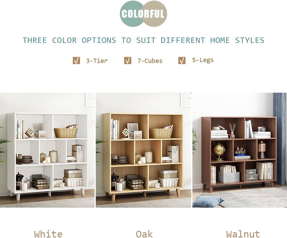 IOTXY Open Cube Low Bookcase - 3-Tier Freestanding Storage Display Cabinet Organizer with Legs for Home Office, 7-Cubes Open Shelf Short Bookshelf, Walnut