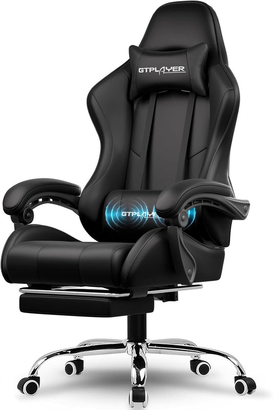 GTPLAYER Gaming Chair, Computer Chair with Footrest and Lumbar Support, Height Adjustable Game Chair with 360°-Swivel Seat and Headrest and for Office or Gaming (Faux Leather, Black)