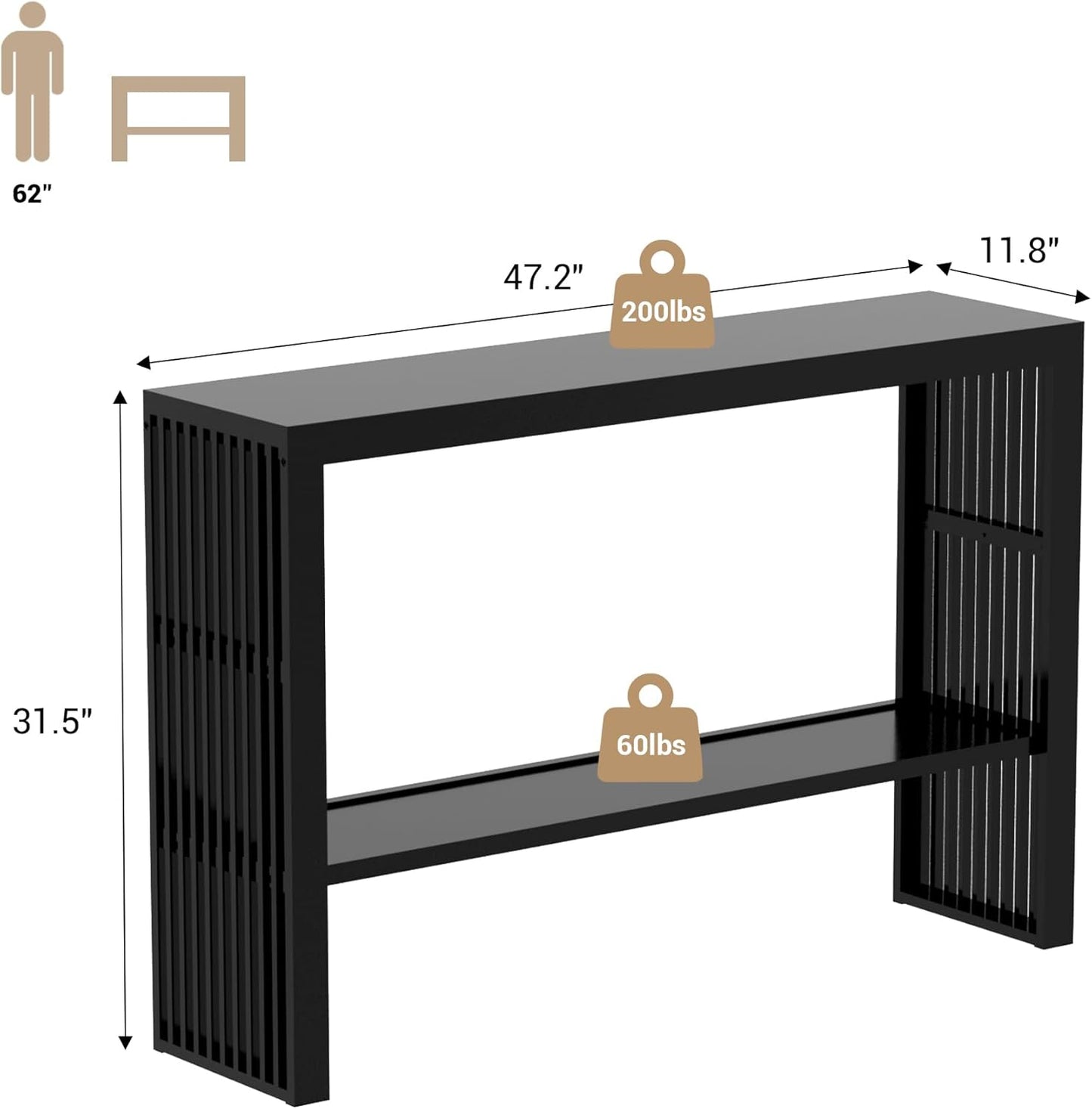 Bamboo Wood Console Table 47.2" Entryway Table, 2-Tier Farmhouse Narrow Sofa Table w/Storage Shelf, Couch Table Behind Sofa Easy Assembly for Entrance, Hallway, Living Room, Foyer(Black)