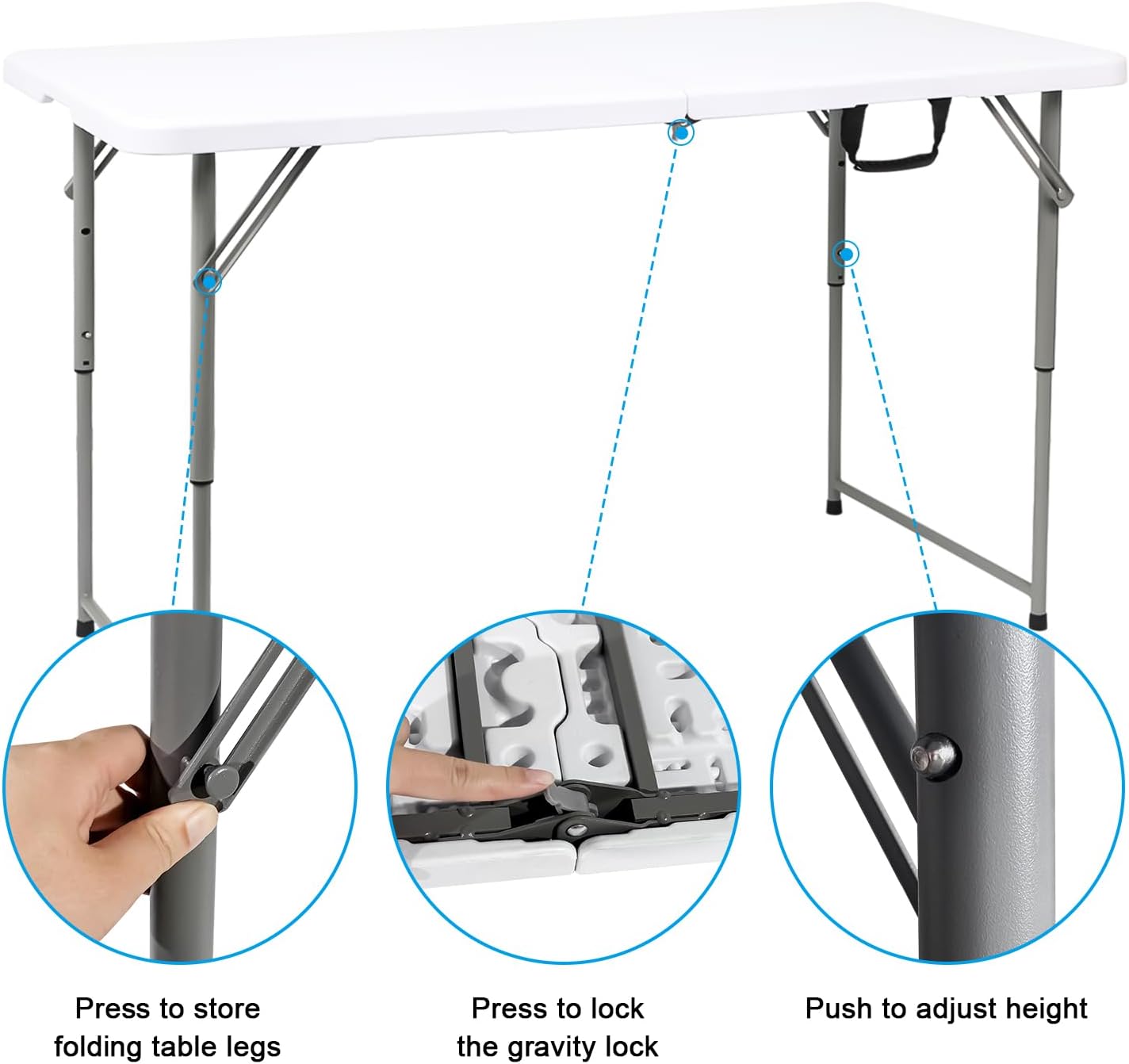 48" W x 24" D x 29.5" H - 4FT Adjustable Height Heavy Duty Plastic Fold-in-Half Foldable Table，White Portable Folding Table with Carrying Handle for Camping & Party