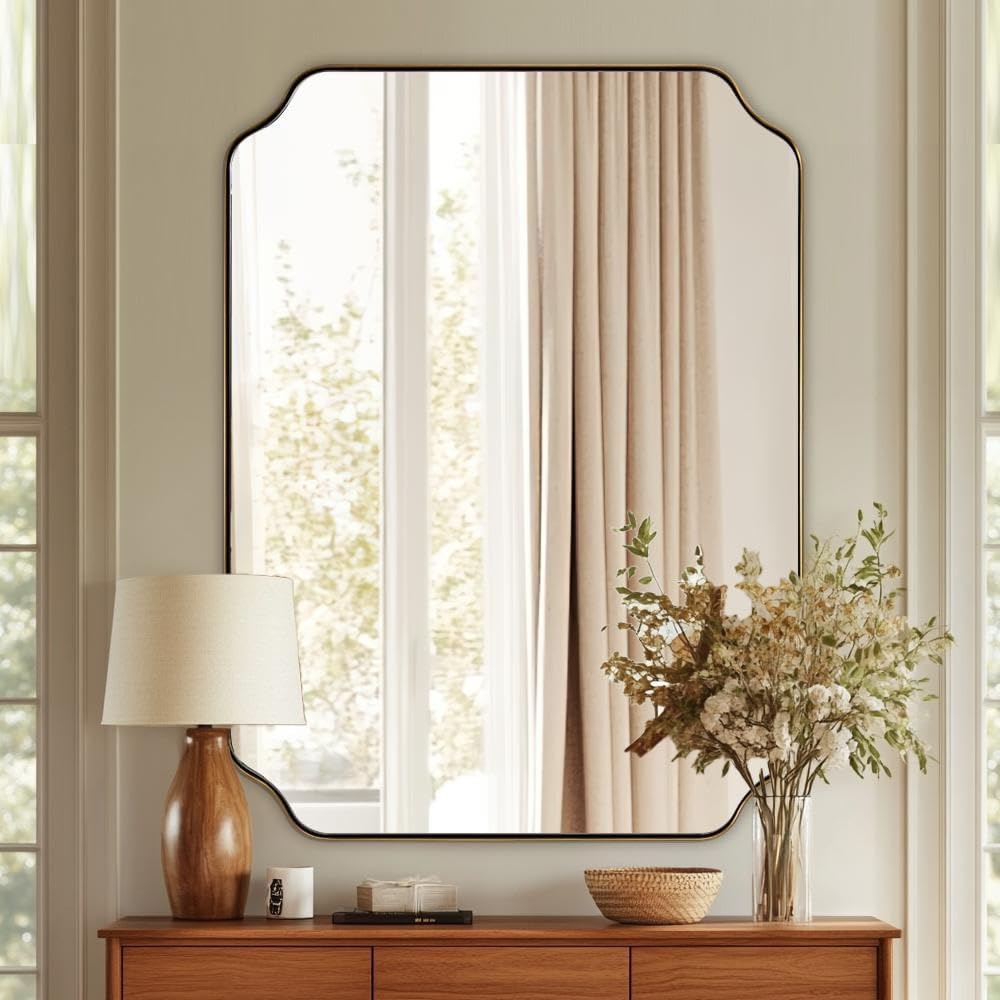 ANDY STAR 30"x40" Gold Bathroom Mirror, Large Scalloped Wall Mirror, Brushed Brass Mirror in Anti-Rust Stainless Steel Metal, Unique Rectangle Shape Decorative for Bathroom, Living Room, Entryway