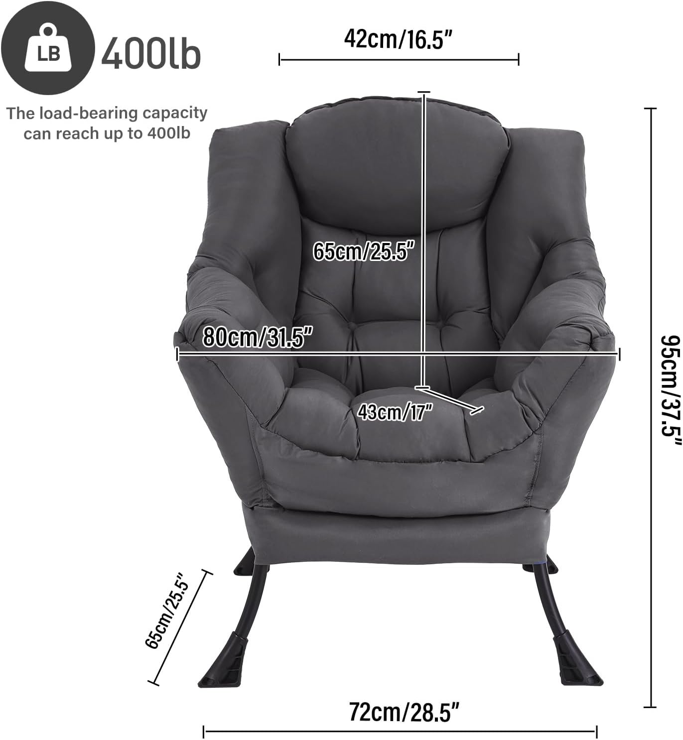 Lazy Chair, Reading Armchair, Large Modern Lounge Accent Chair, Leisure Sofa Chair for Living Room, Bedroom, Dorm Room, Dark Grey