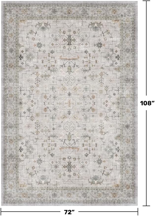 Boho Light Grey Living Room Rug 6x9 - Modern Vintage Eclectic Floral Paste Neutral Taupe, Washable Low Pile Non-Slip Large Area Rugs for Dining Under Table Bedroom
