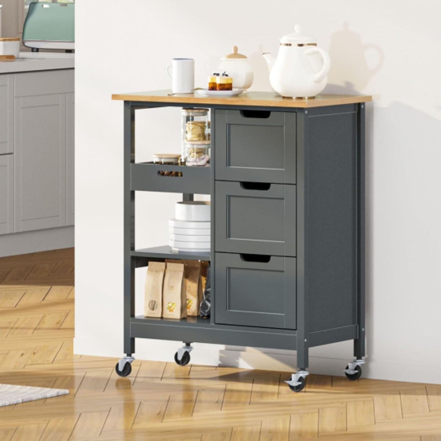 YITAHOME Small Solid Wood Top Kitchen Island Cart on Wheels with Storage, Rolling Portable Dining Room Serving Utility Carts Mobile Movable with 3 Drawers Cabinet, Gray