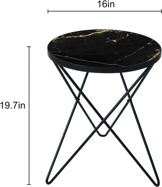 HLR Modern Round Side Table, End Table with Marble Effect Top and Gold Metal Frame, Small Side Table for Living Room, Bedroom, Sofa and Couch, Black Legs, Black Marble top
