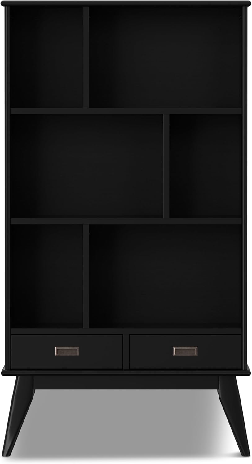 SIMPLIHOME Draper Bookcase - 64 inch Tall Solid Hardwood Wide Storage Bookshelf in Black, Mid-Century Modern Storage for Living Room, Study Room or Office with Adjustable Shelves and Tapered Legs