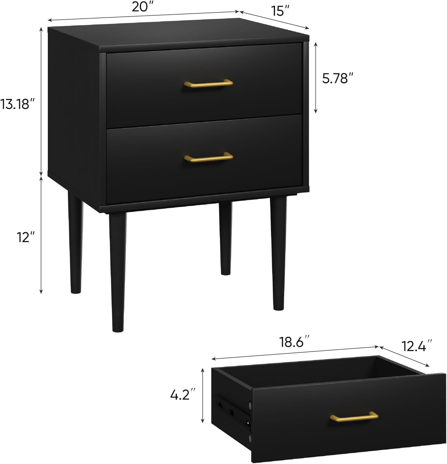 Black Nightstand with 2 Drawers, Modern Night Stand Black, Wooden Night Stands for Bedroom, Bed Side Table, End Table, Gold Handle 26 Inch Tall, Large Size