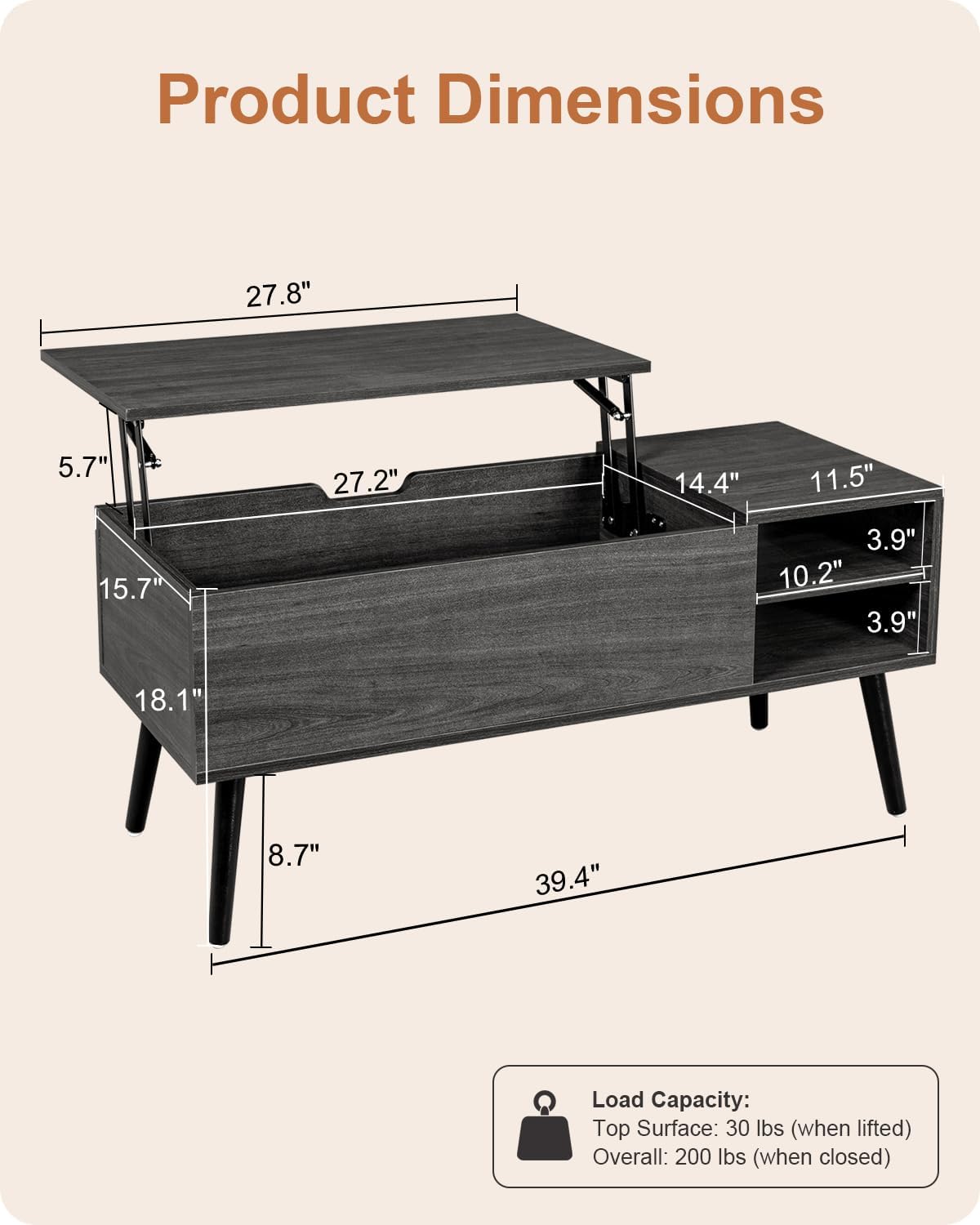 ALINE FURNITURE Gray Coffee Table Lift Top - Dark Grey Coffee Table with Solid Wood Legs, Hidden Storage Compartment & Open Shelves - 40" Rectangle Coffee Tables for Living Room